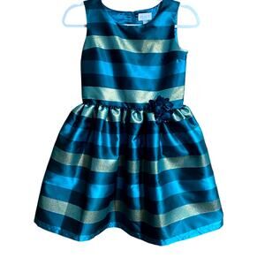 Place Girls Holiday Dress Size 12 Blue Green Stripes Flower Applique Christmas